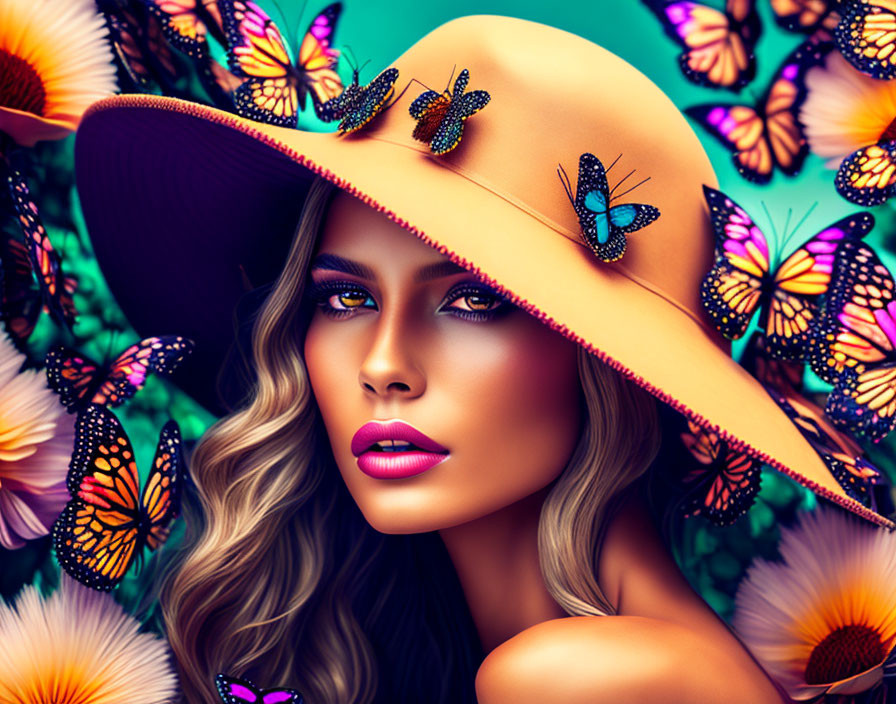 Woman with flowing hair in butterfly hat on vibrant teal backdrop