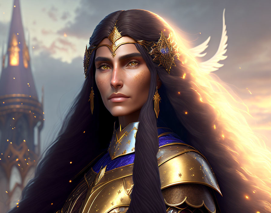 Warrior digital artwork: dark-haired figure in golden armor with winged helmet, set against castle backdrop