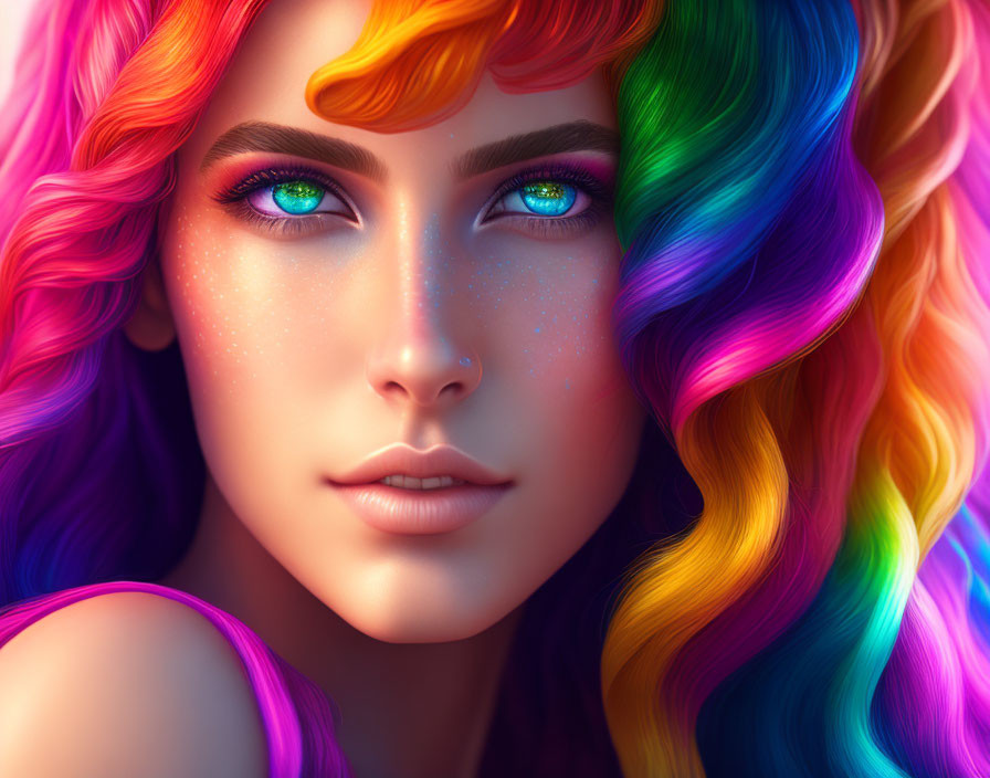 Vibrant rainbow hair and blue eyes digital illustration