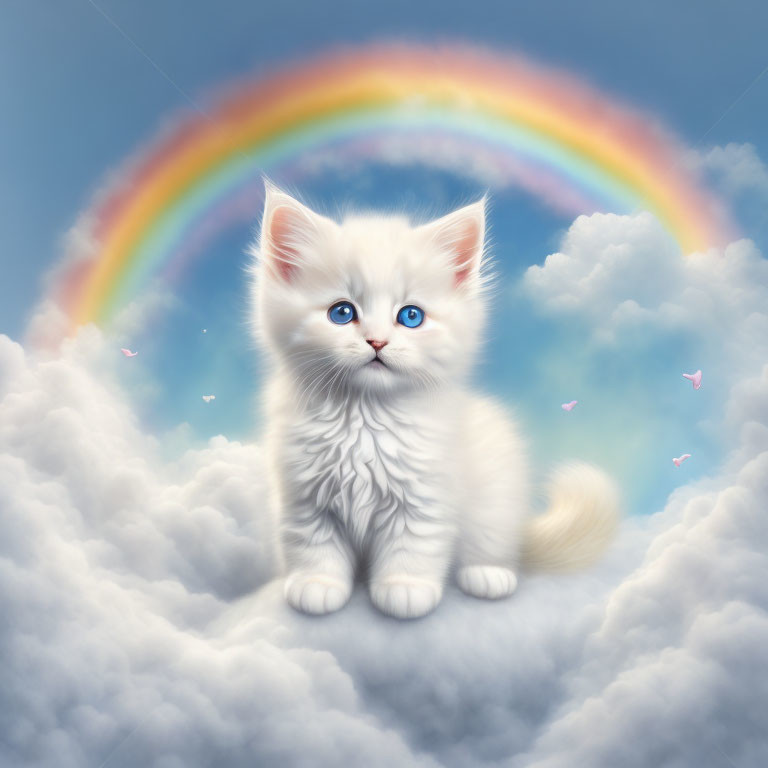 Fluffy white kitten on clouds with rainbow and pink birds