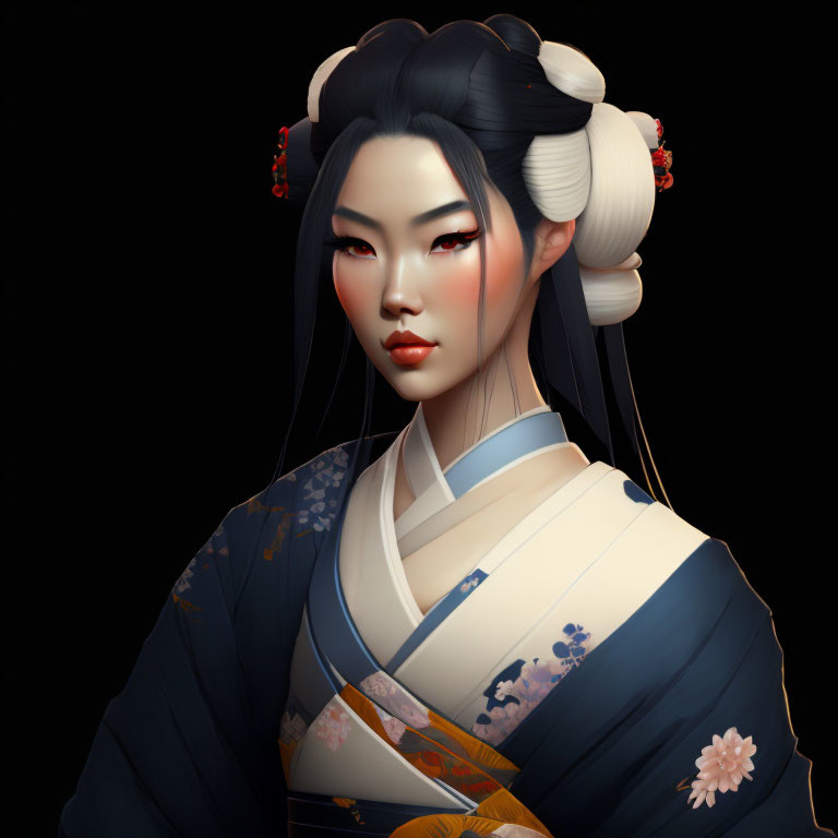 Woman with elegant hairstyle and Japanese attire featuring floral patterns