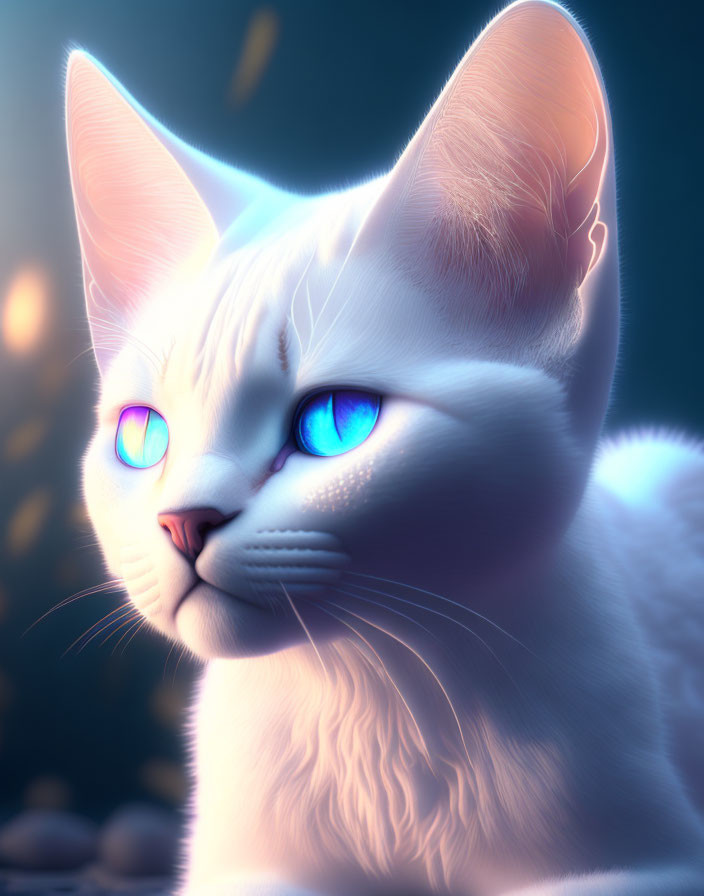 Stylized white cat with glowing blue eyes on dark background