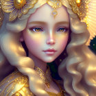 Fantasy illustration of woman with golden hair and ornate jewelry surrounded by light halo and pink flowers.