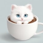 White Kitten with Blue Eyes in Pink Cat Face Coffee Cup on Grey Background