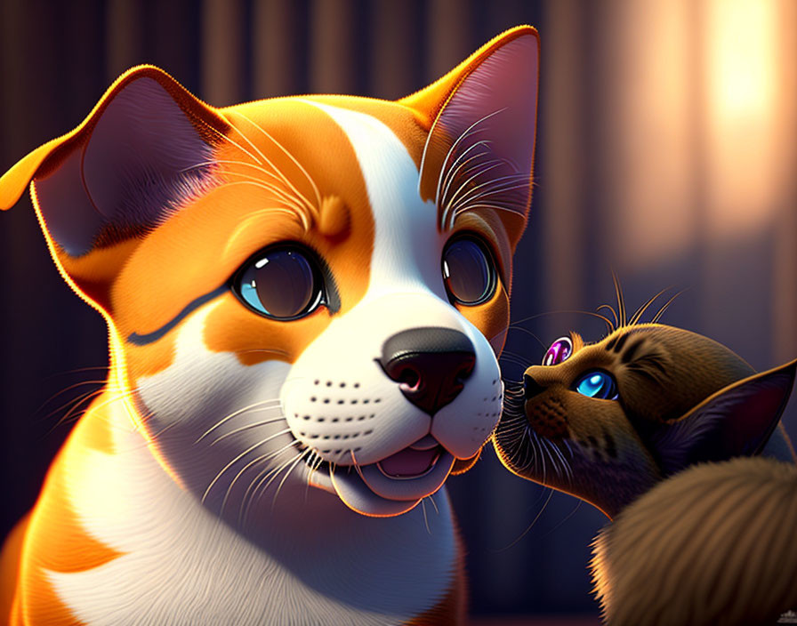 Affectionate animated dog and cat with warm glowing backdrop