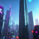 Futuristic cityscape with glowing skyscrapers and flying vehicles at dusk