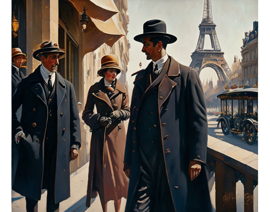 Vintage Paris Street Scene with Elegantly Dressed Figures and Eiffel Tower