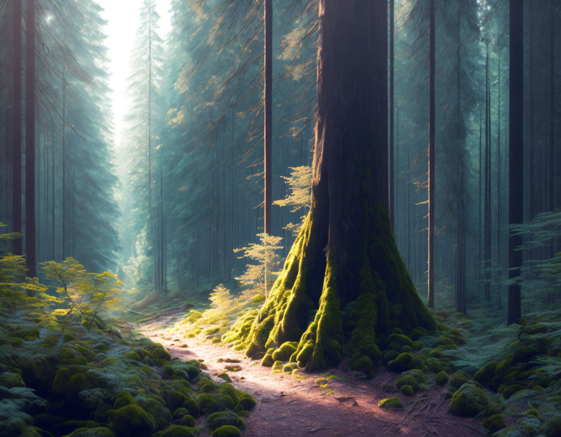 Sunlit Forest Path Through Tall Trees and Majestic Tree