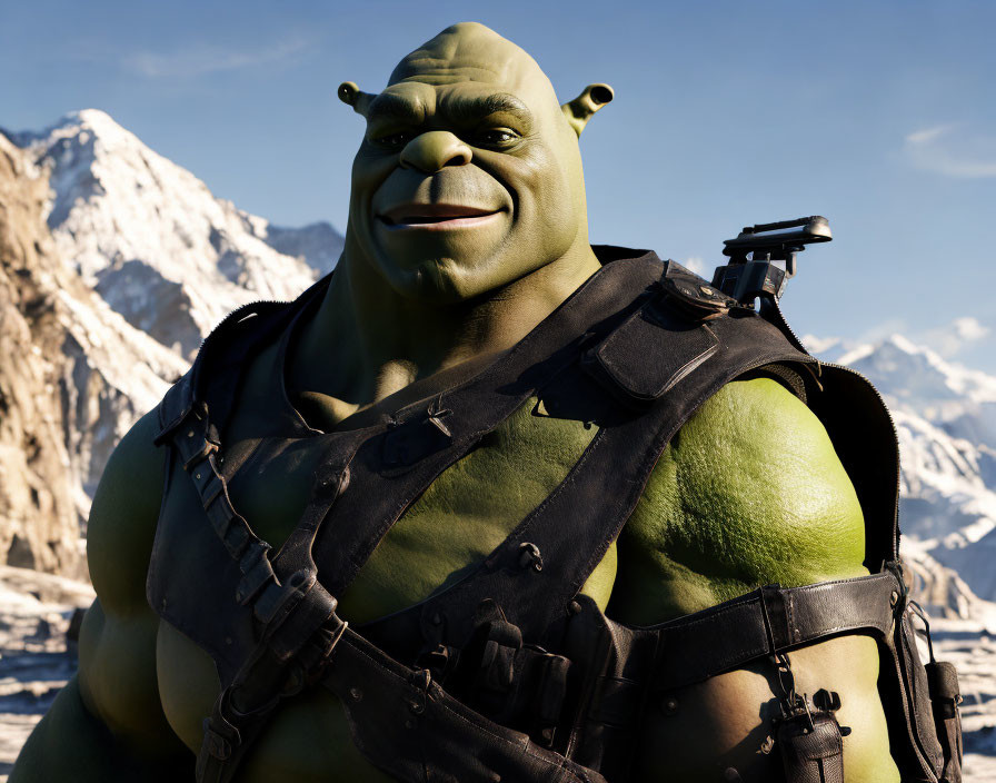 Green-skinned animated character in tactical vest against mountain backdrop