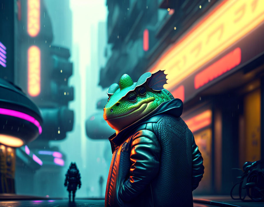 Anthropomorphic frog in leather jacket in neon-lit futuristic cityscape