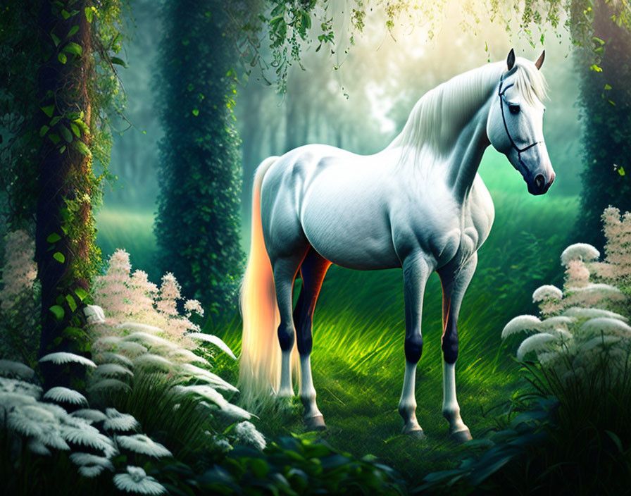 Majestic white horse in lush green forest with sunlight filtering through trees