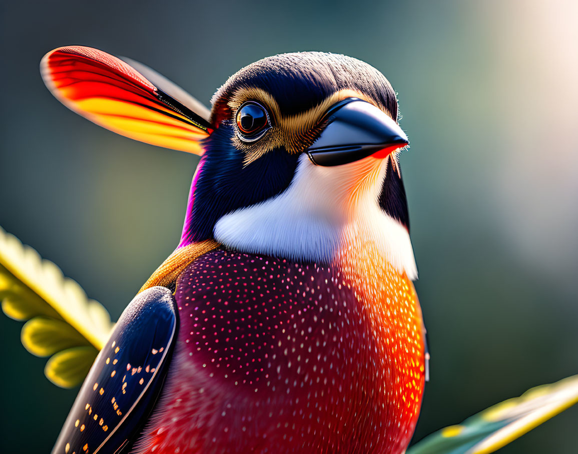 Vibrant bird with orange chest, black head, and red beak