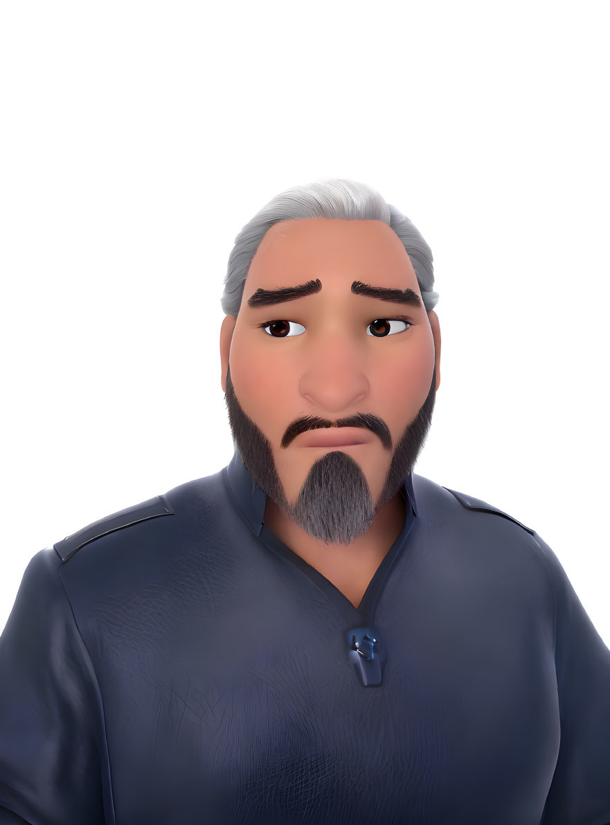 Grey-Haired Male 3D Character with Beard in Blue Shirt and Pendant