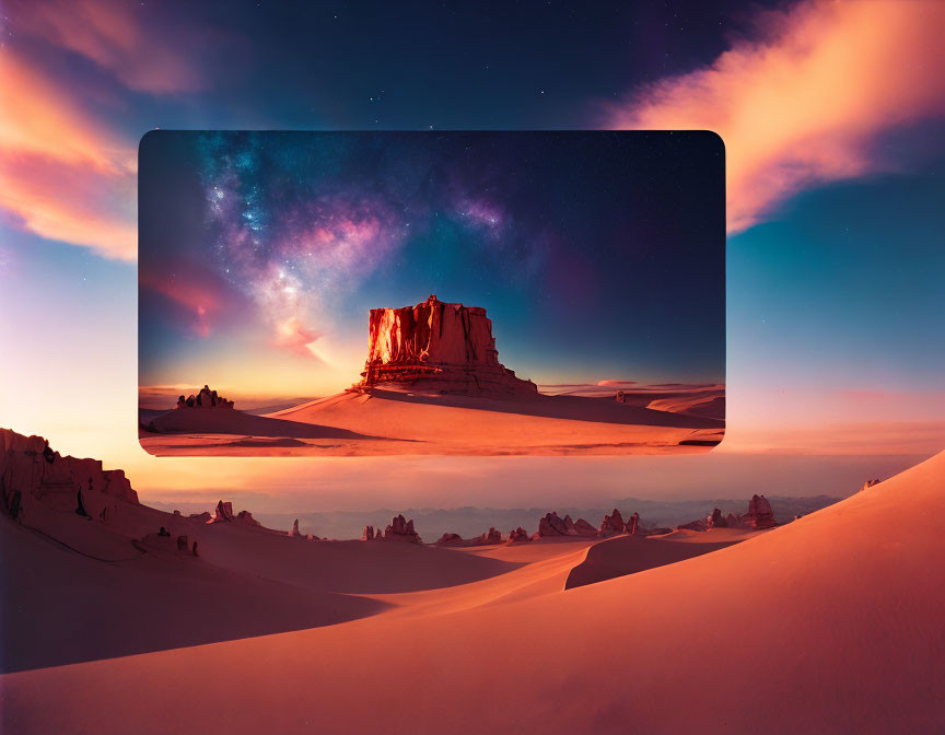 Twilight desert landscape with vivid Milky Way galaxy on computer monitor