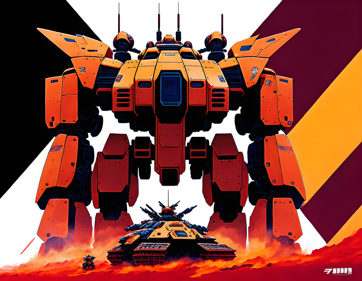 Giant orange mech robot with artillery weapons in crimson and purple backdrop