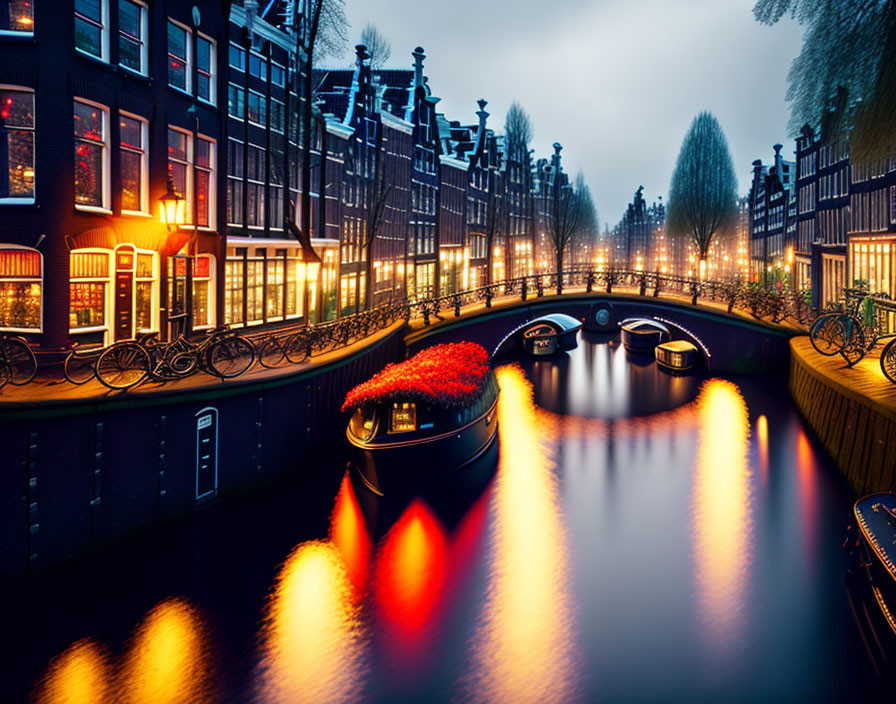 Amsterdam Canal Night Scene with Bicycles, Boats, and Illuminated Bridges