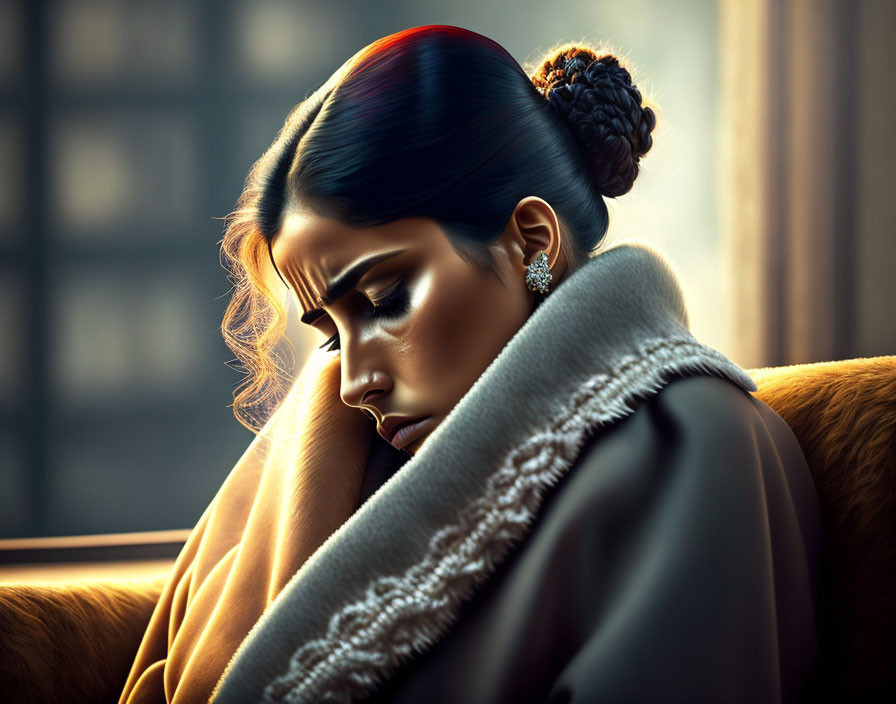 Contemplative woman with colorful hair and earrings by window