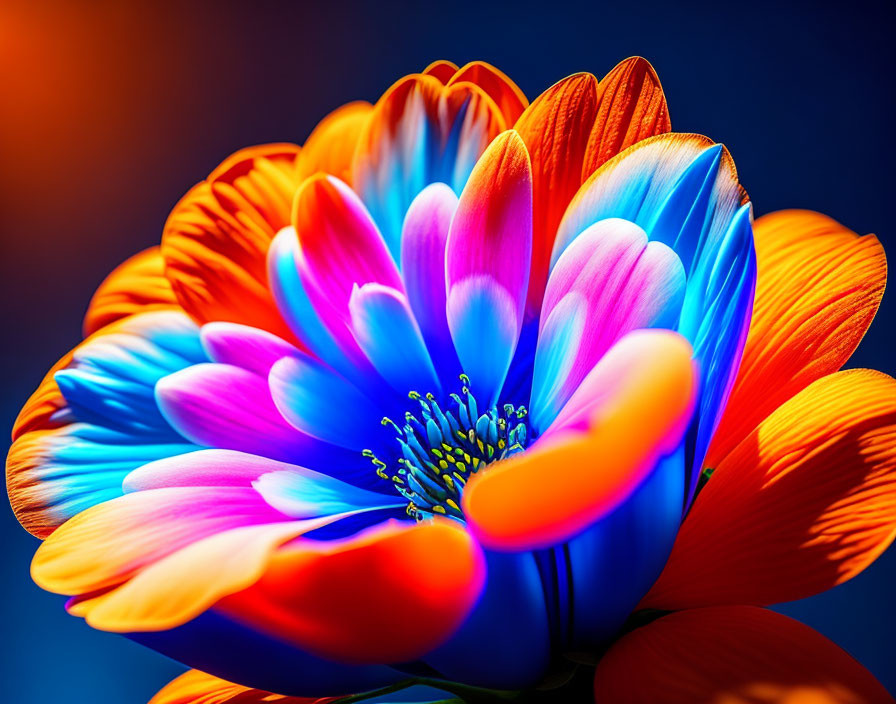 Multicolored flower with blue, pink, and orange petals on gradient blue and red backdrop