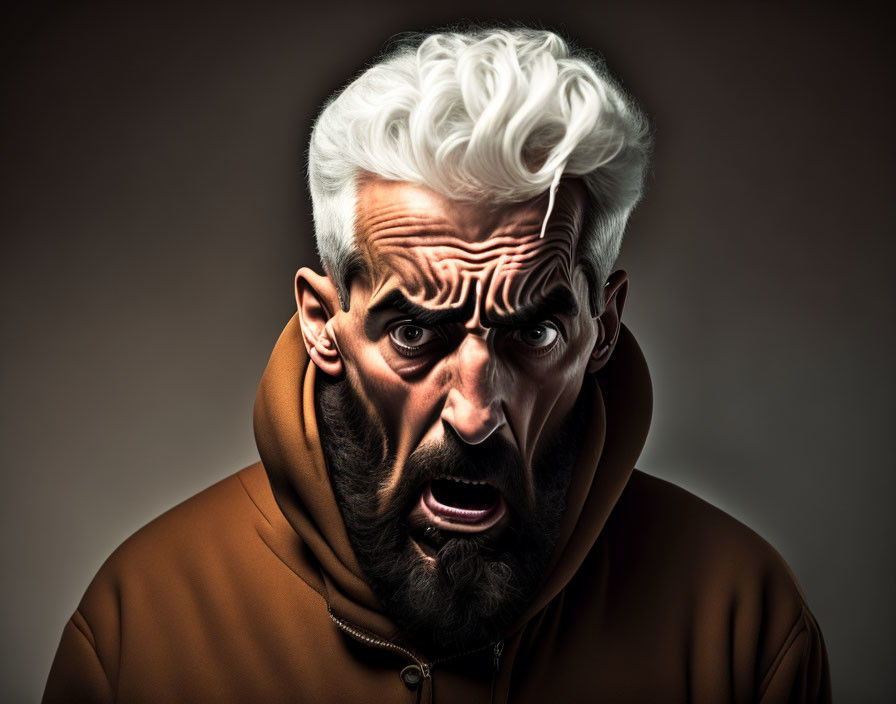 Digital artwork of man with stern expression and white wavy hair in brown hoodie.