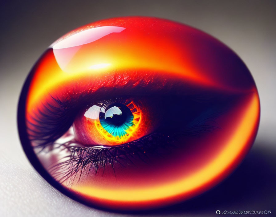 Vibrant rainbow-colored iris in glossy orange eye orb