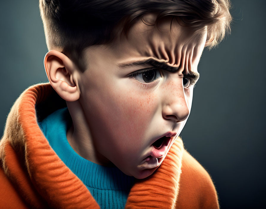 Young boy with exaggerated furrowed brow and open mouth looking intensely to the side.