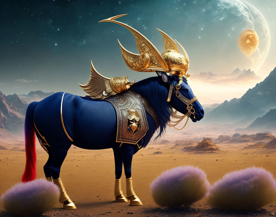 Armored bull in gold and blue regalia under desert moon with fluffy purple objects