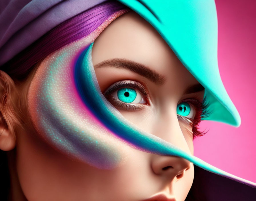 Close-up portrait of a woman with vibrant turquoise eye makeup and layered hats creating a surreal swirl effect.