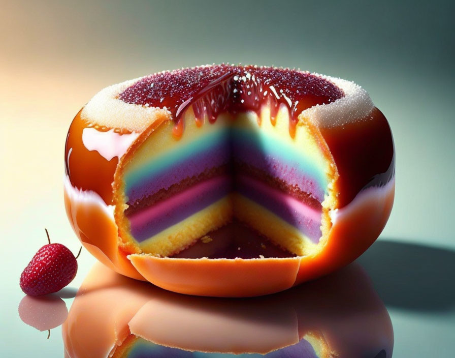 Vibrant layered jelly dessert with purple to yellow gradient and berry garnish