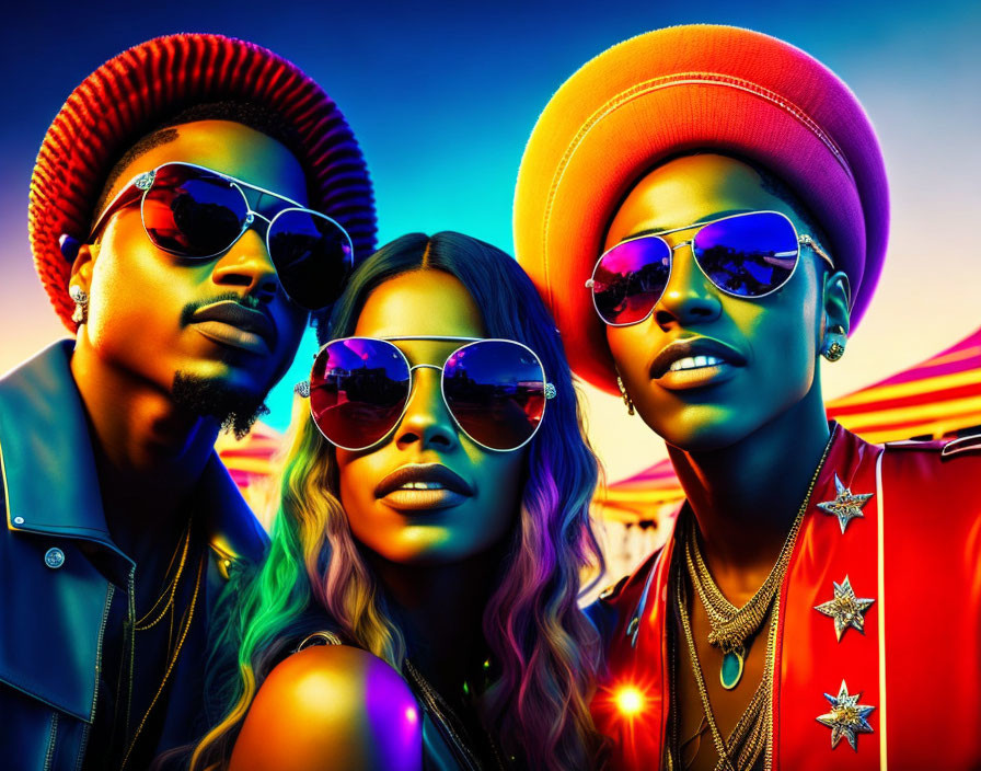 Colorful hats and sunglasses on stylized figures in neon-lit setting