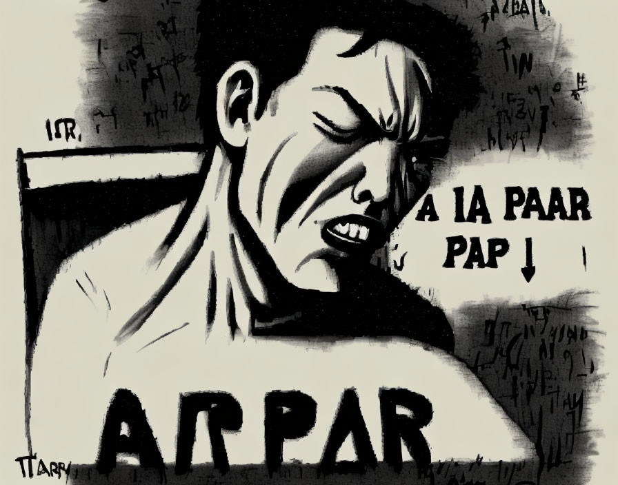 Monochromatic artwork of person shouting with bold "ARPAR" text