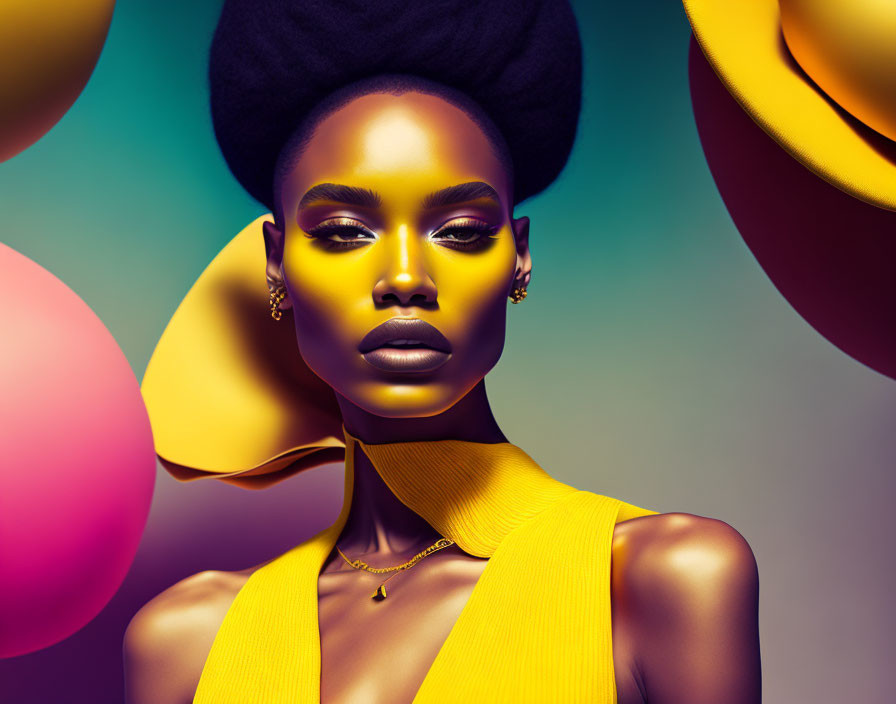 Vibrant portrait of woman with bold makeup and yellow outfit