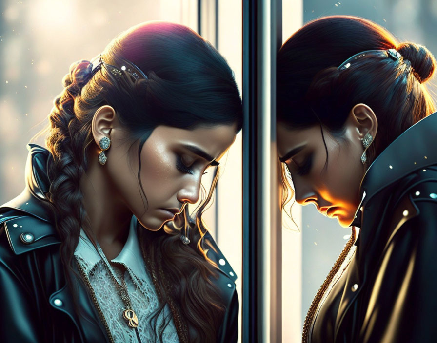 Detailed digital artwork: Woman with braid gazes at reflection in window