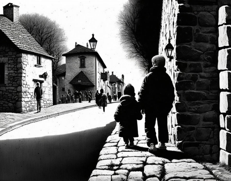 Two people and a child on cobblestone path in village setting