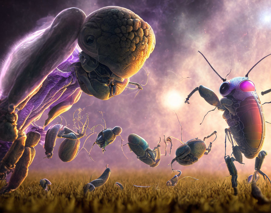 Detailed Fantasy Illustration: Oversized Insects in Grass Field with Colorful Sky