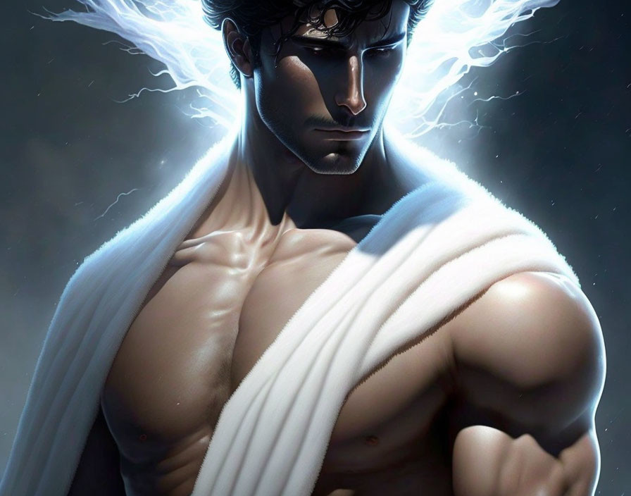 Muscular Heroic Male Figure with White Hair and Toga in Ethereal Glow