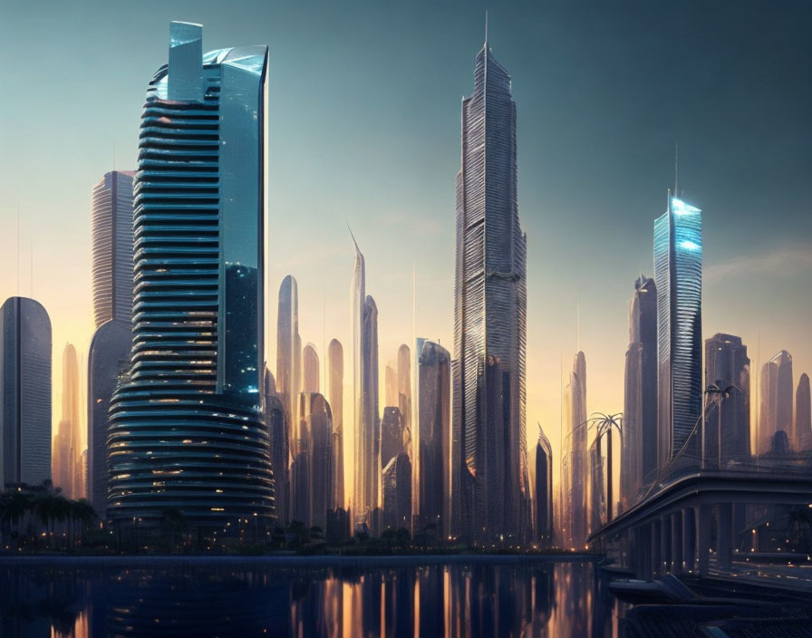 Futuristic cityscape at dusk with skyscrapers reflecting in water.