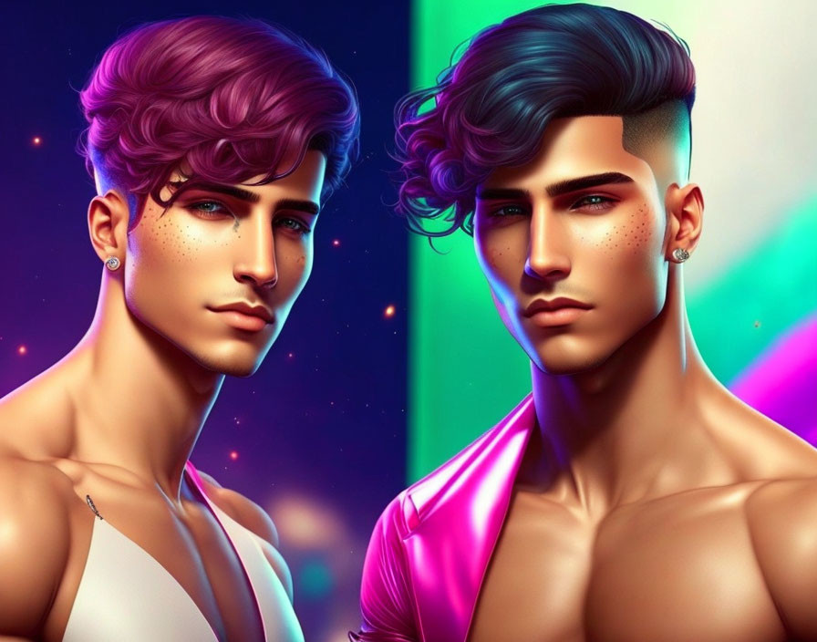 Colorful Hairstyles on Handsome Male Characters in Neon Background