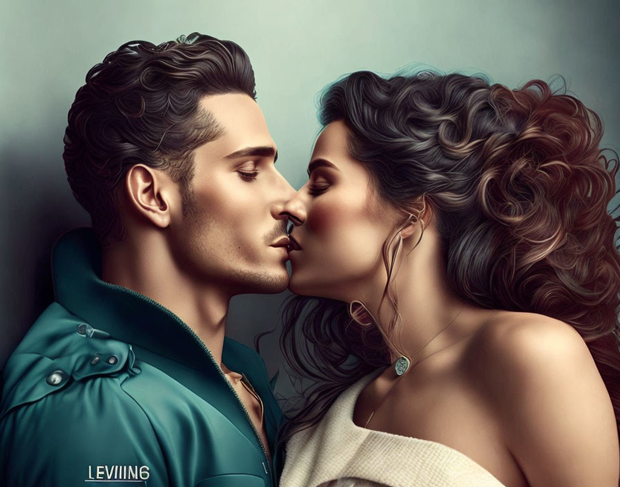 Digital illustration of man and woman in romantic pose nose-to-nose