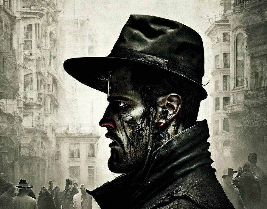 Man with hat in dystopian setting, mechanical detail on neck, intense gaze, grimy city backdrop