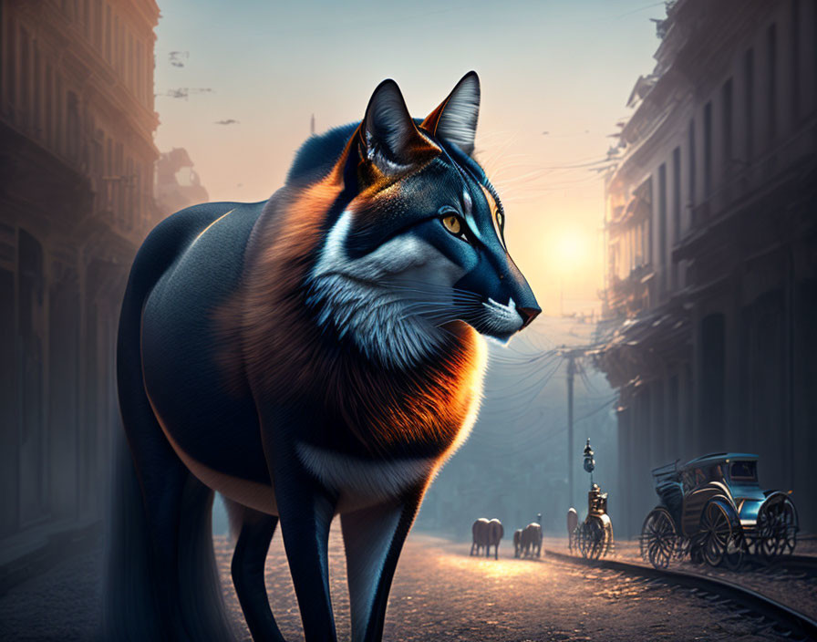 Large cat with human body in old-fashioned city street at sunrise