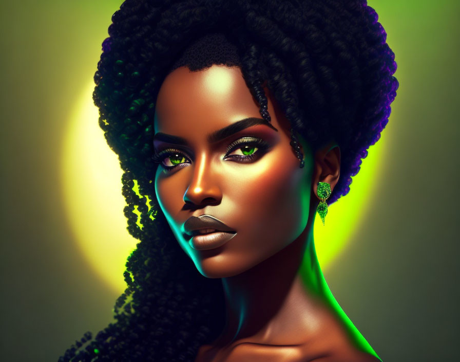 Voluminous Curly Hair Woman Portrait on Green & Yellow Gradient Background