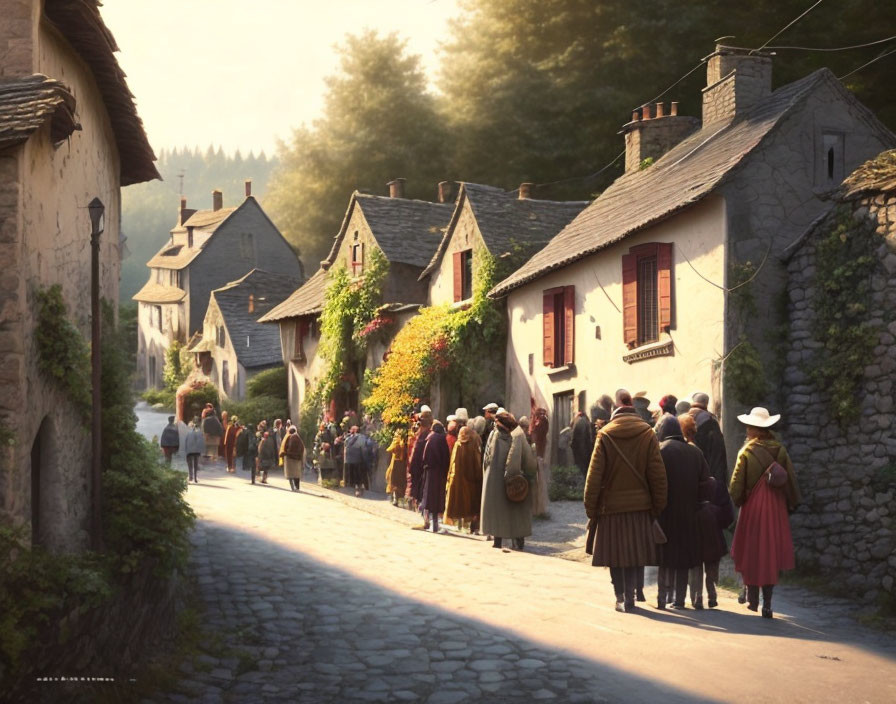 Historical village street at sunset with quaint houses and people in old-fashioned attire.