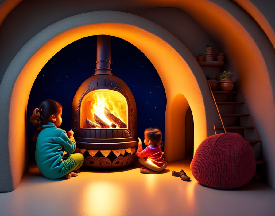 Children by Cozy Fireplace in Warmly Lit Room with Starry Night Views