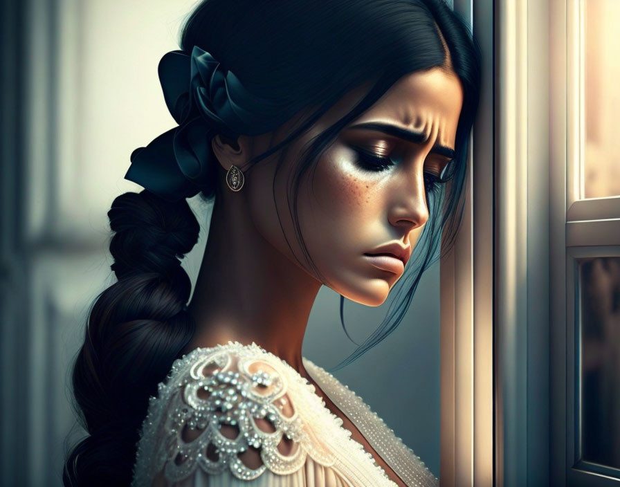 Portrait of woman with braided hair and pearl earring gazing out window in soft light