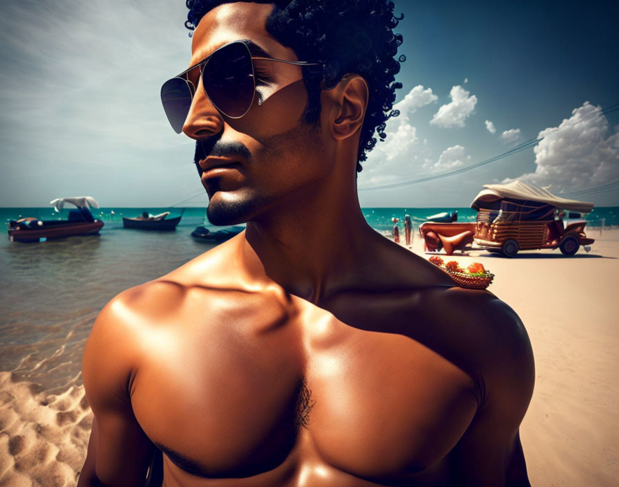 Shirtless man with curly hair on sunny beach with boats and food stand