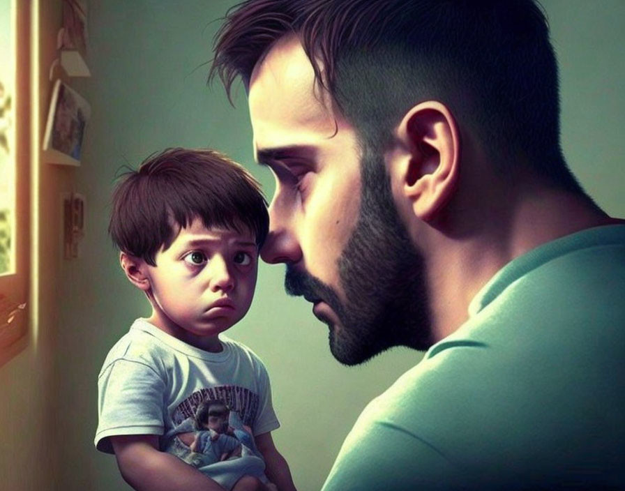 Man and boy illustration with somber expressions and scene on boy's shirt