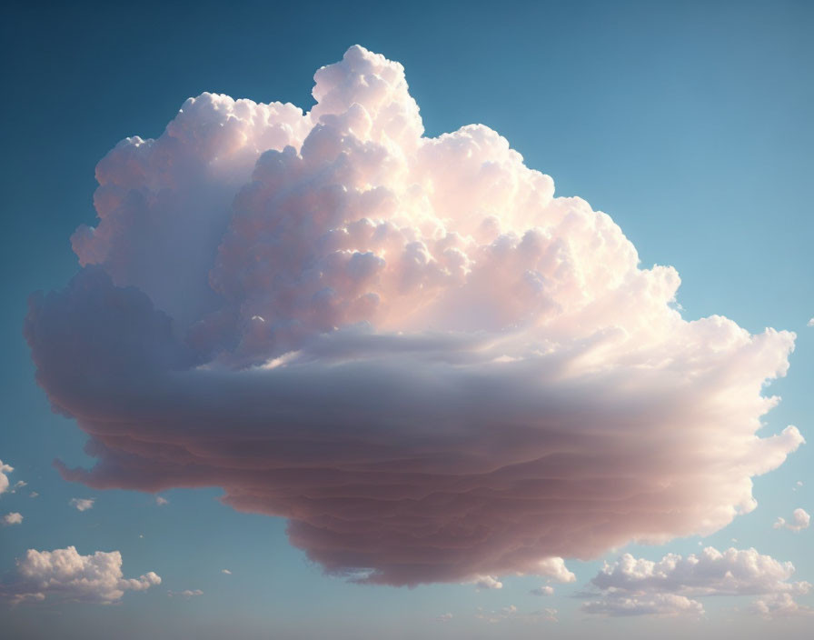 Fluffy cumulus cloud in sunlight against clear blue sky