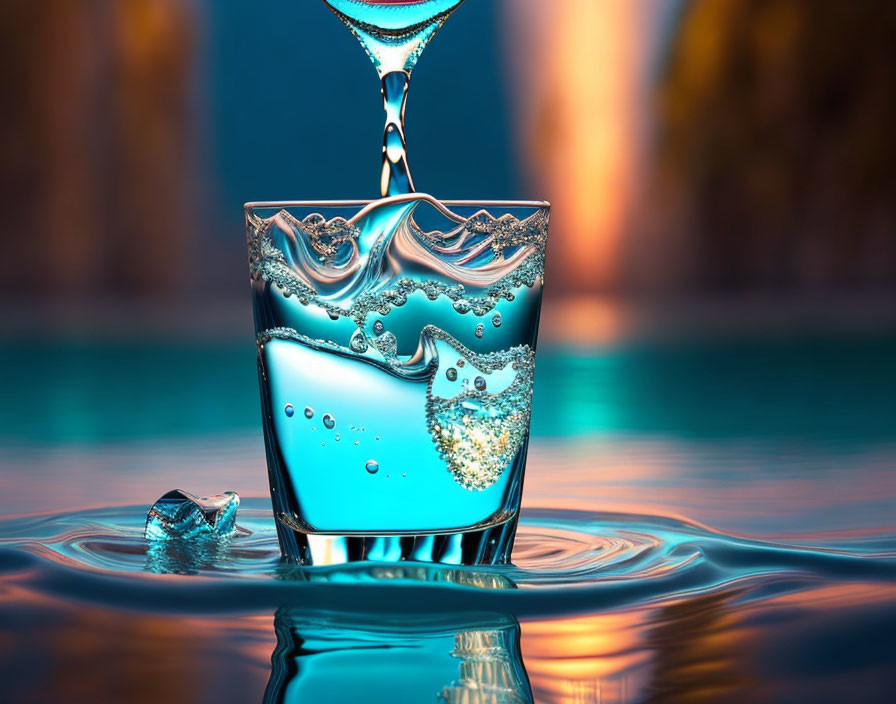 Transparent glass with water bubbles and splash on colorful backdrop