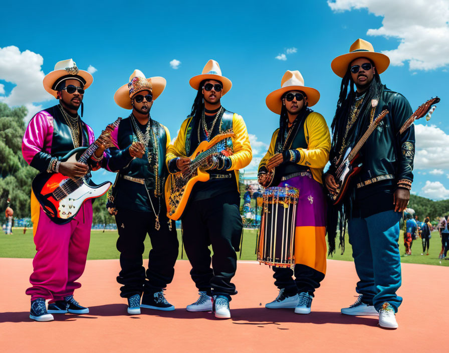 Five musicians in colorful outfits and wide-brimmed hats under a blue sky