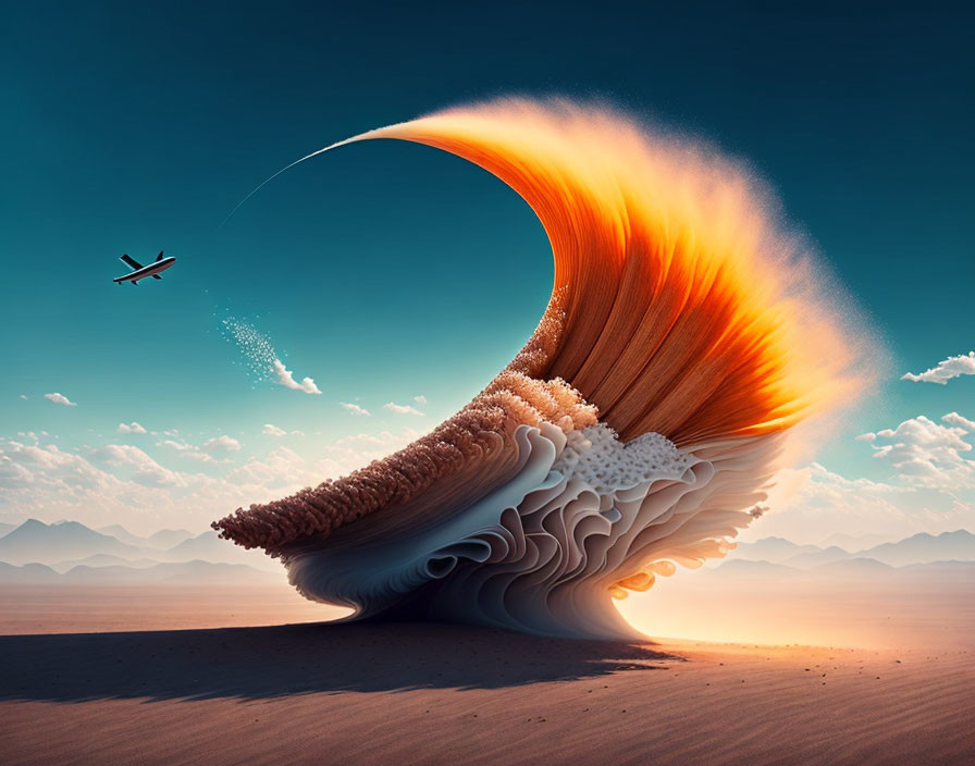 Surreal desert landscape with wave-like structure and airplane under blue sky